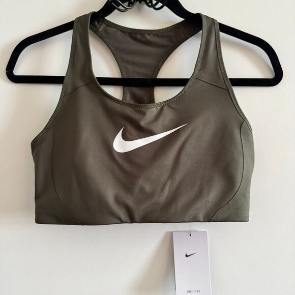 New Nike Training Dri-FIT Swoosh Padded Sports Bra Green Racerback Strap Sz L - Picture 1 of 5